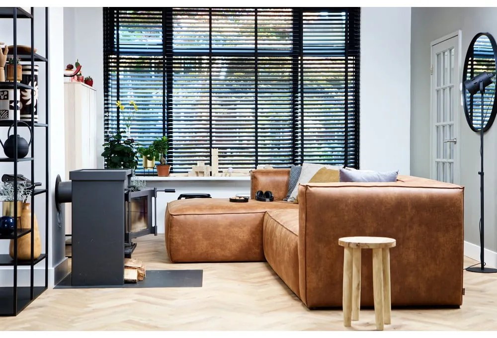 Кафяв ъглов диван от рециклирана кожа, ляв ъгъл WOOOD Bean