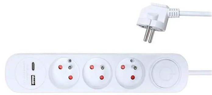 Solight PP111USBC - удължител 3 гнезда + 2xUSB, 2м, бял с ключ