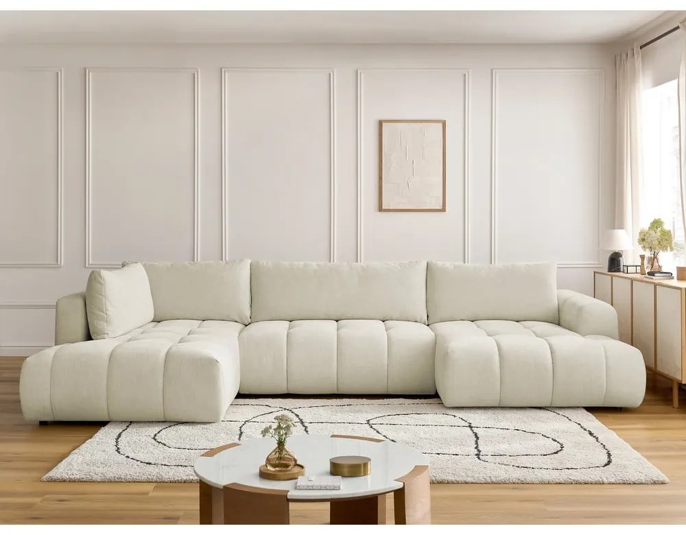 Бежов сгъваем/с място за съхранение ъглов диван (ляв ъгъл/U форма) Fuji – Bobochic Paris