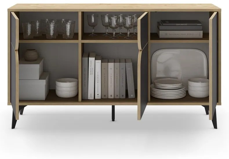 Нисък скрин с дъбов декор в черно - естествен цвят 140x79 cm Nola - Marckeric