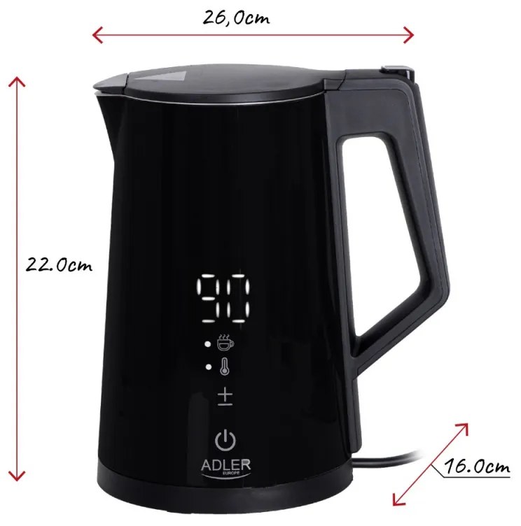 Електрическа кана Adler AD 1345, Дигитална, 40-100 C, 2200W, 1.7L, STRIX, Черен