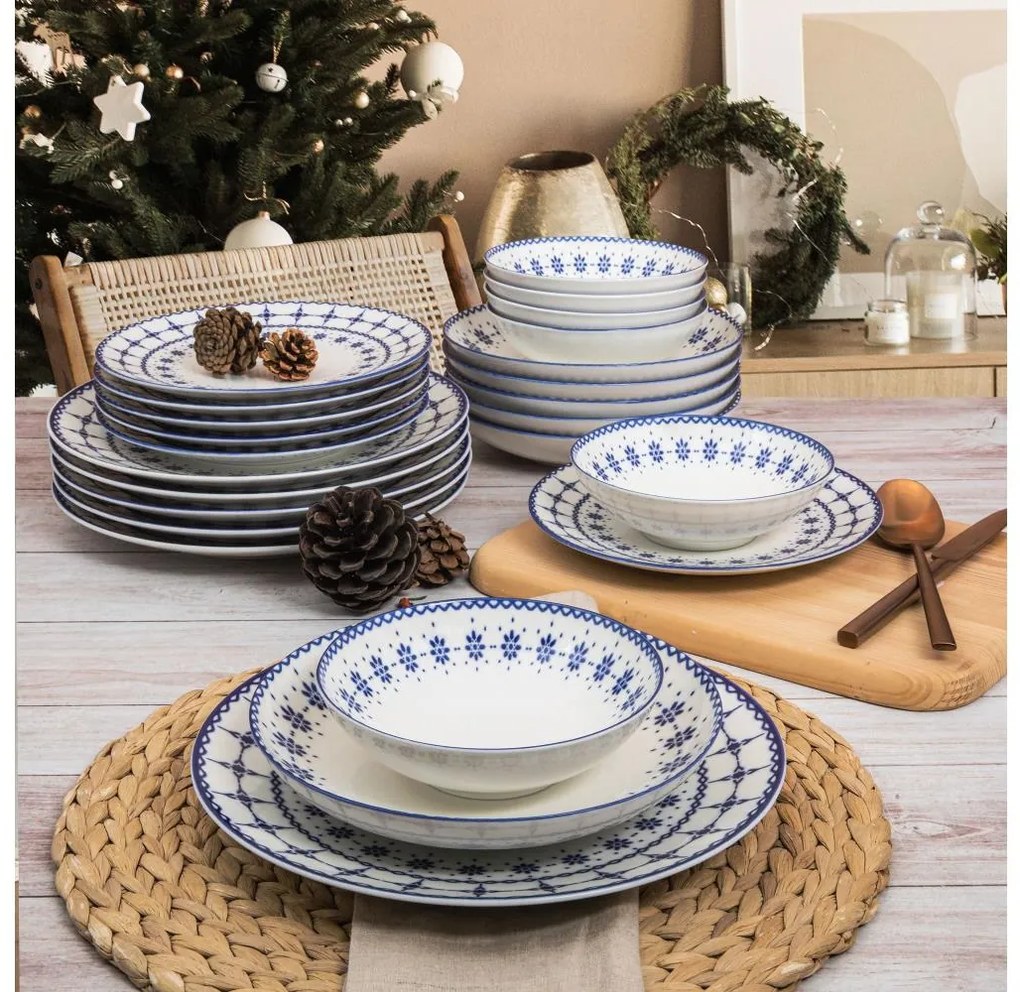 Комплект за хранене 24 бр. бял/син/порцелан