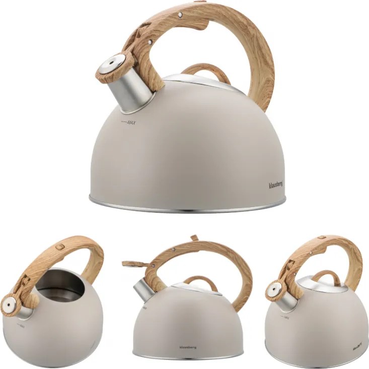 Свирещ чайник Klausberg KB 7913, 2.5 л, Дръжка с дървесен ефект, Индукция, Бежов