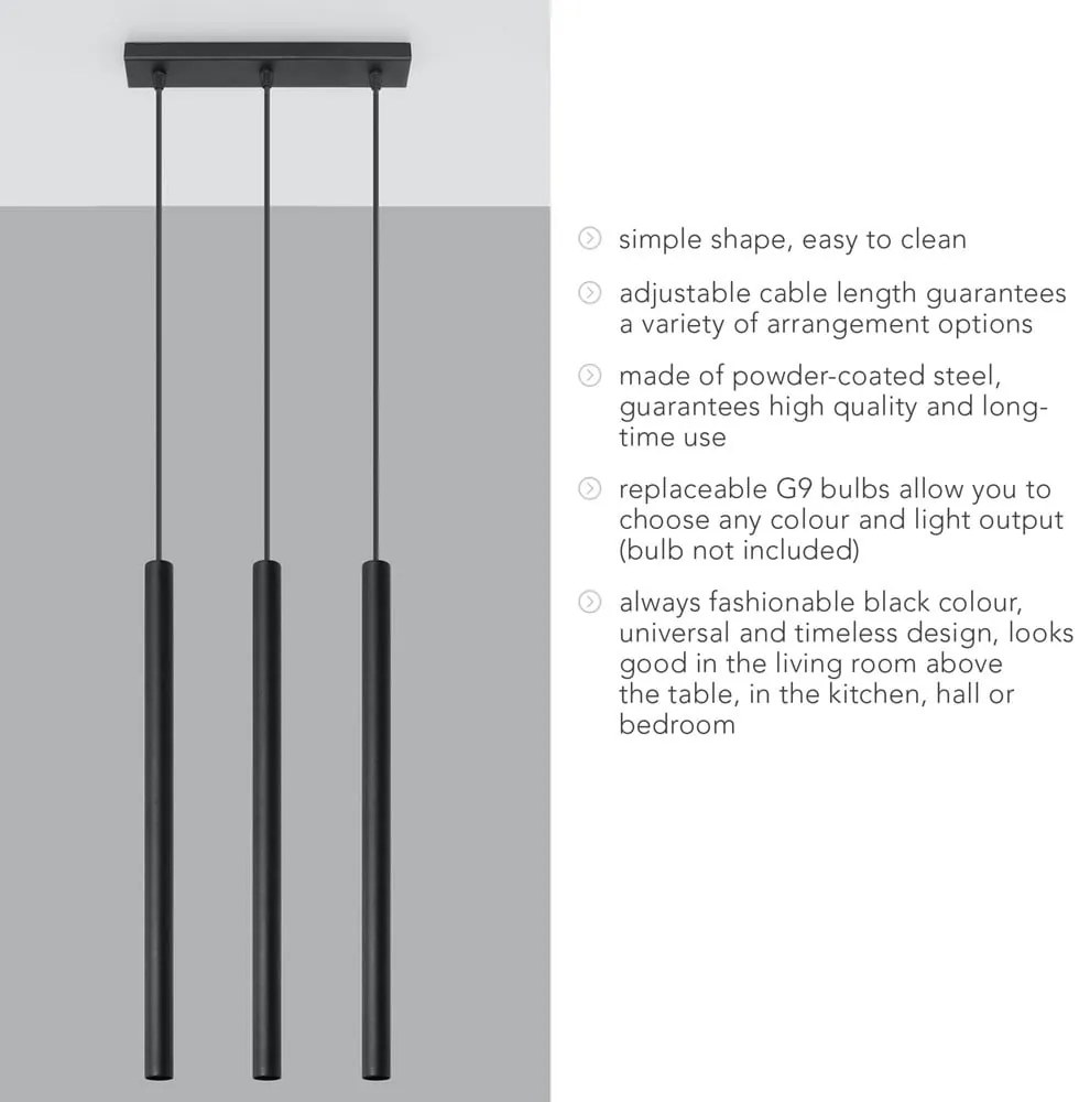 Черна висяща лампа, дължина 30 cm Fideus - Sollux
