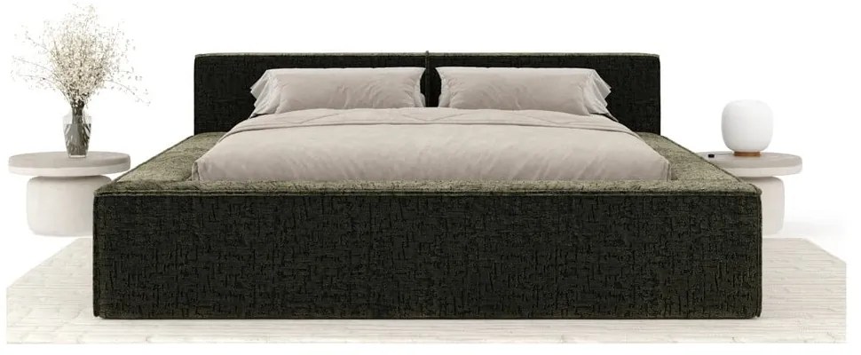 Тъмнозелено двойно легло 200x200 cm тапицирано с място за съхранение с включена подматрачна рамка Voliera – Maison de Rêve