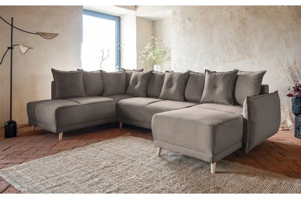 Светлокафяв ъглов диван от велур (ляв ъгъл/U-образна форма) Lazy Lukka - Miuform