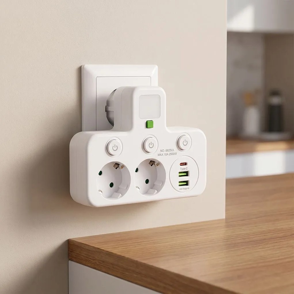 Разклонител 2 Контакта + 2x USB-A + USB-C JNH017 White