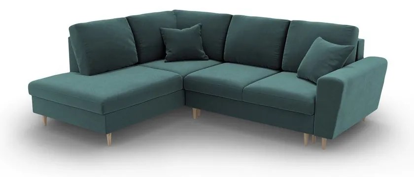 Кадифен разтегателен ъглов диван с място за съхранение в петролен цвят (ляв ъгъл/L форма) Kyoto – Cosmopolitan Design