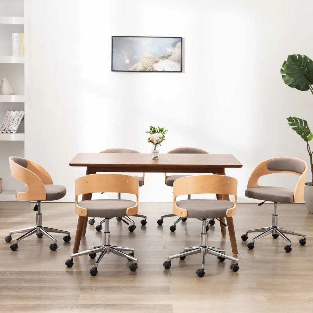 3054925 vidaXL Въртящи трапезни столове, 6 бр, таупе, извито дърво и текстил