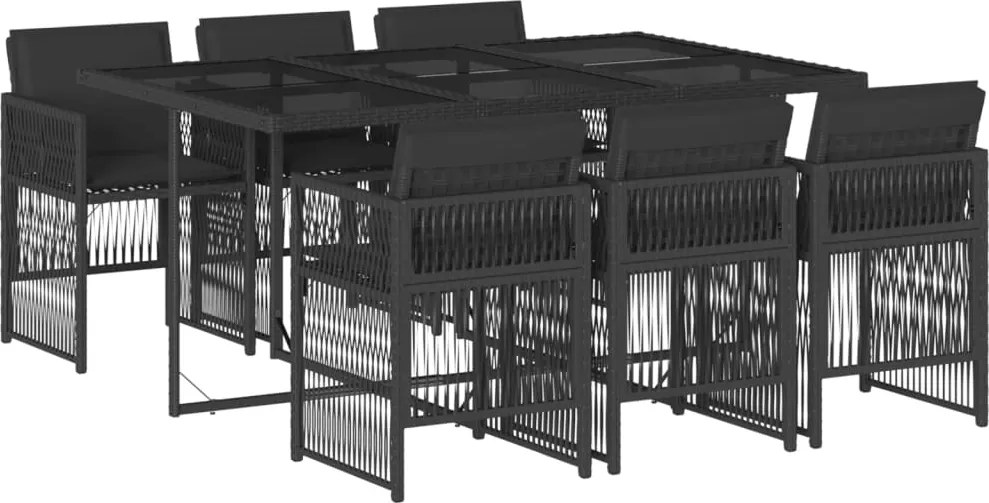 3210907 vidaXL Градински трапезен комплект 7 части възглавници черен полиратан