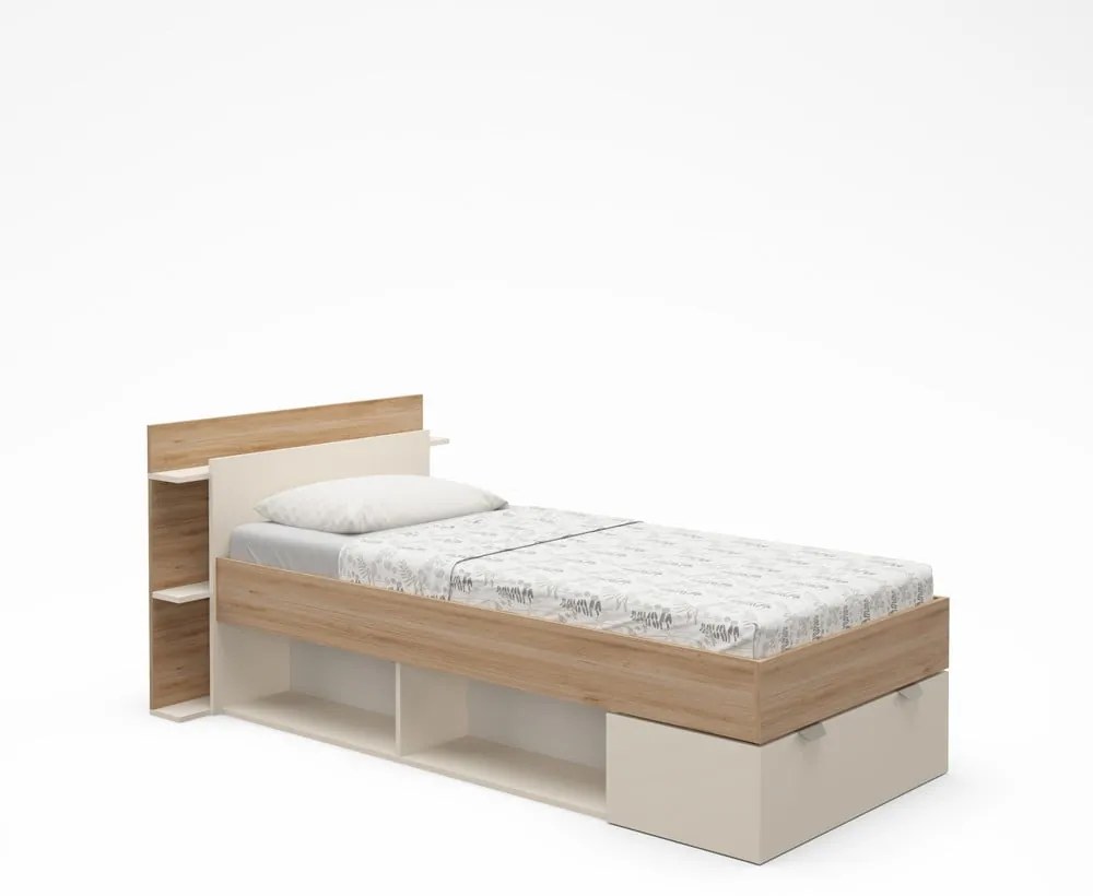 Бяло-естествено единично легло 90x200 cm от декор от дъб с място за съхранение без ламелно дъно Albo – Marckeric
