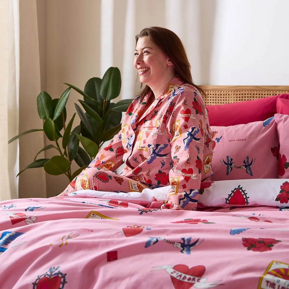 Бяло-розово двойно удължено памучно спално бельо 230x220 cm Mon Coeur – Their Nibs