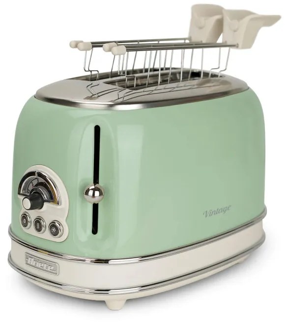 Тостер за хляб Ariete VINTAGE 0155/04, 810W, 2 филии, 3 функции, 6 степени, Подвижна тава за трохи, Зелен