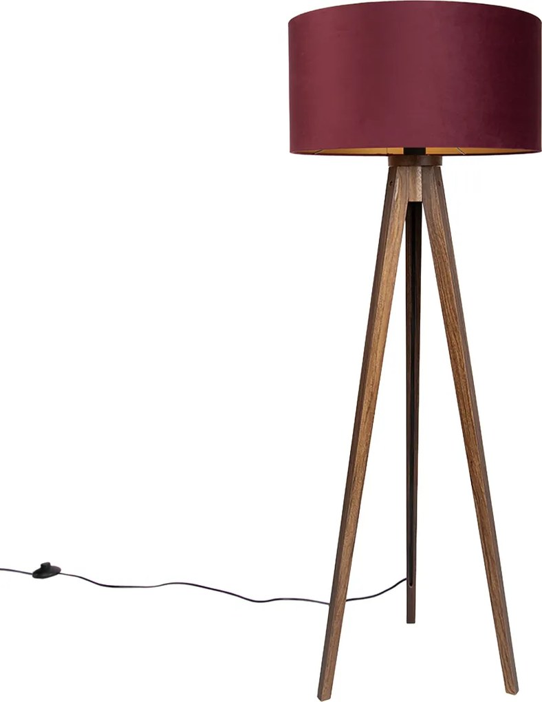 Подова лампа триножник от орехово дърво с червен абажур и златист интериор 50 см - Tripod Classic