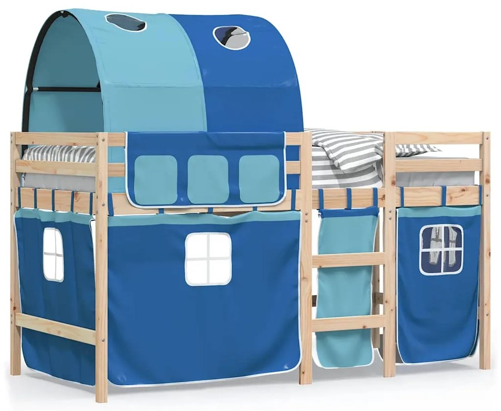 3283854 vidaXL Детско високо легло с тунел, синьо, 90x190 см, бор масив