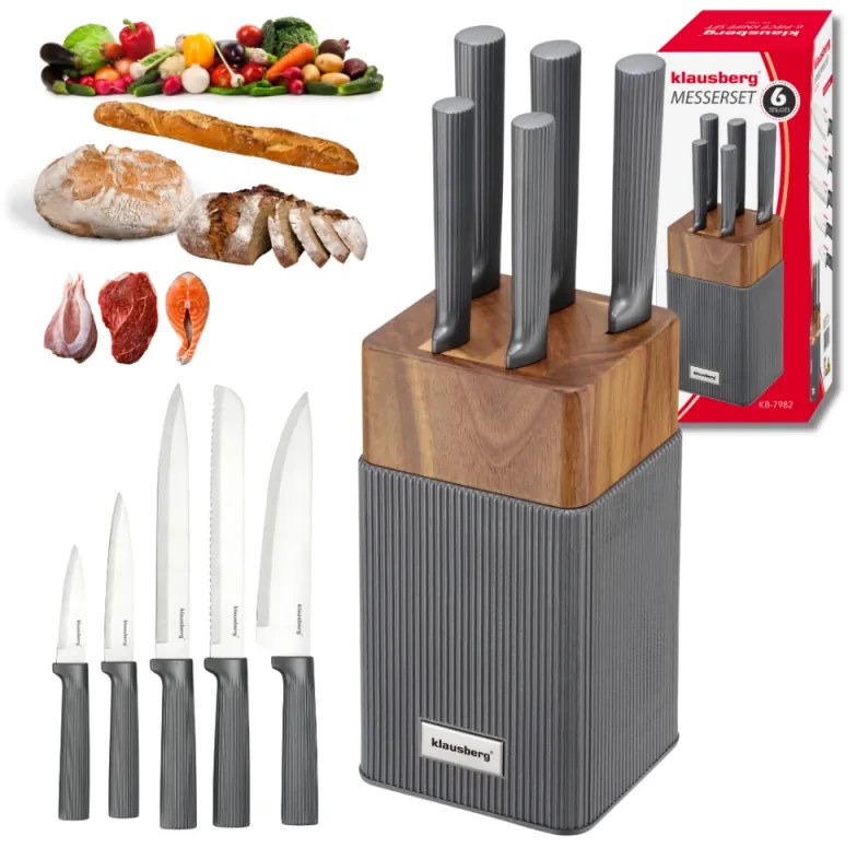 Комплект ножове Klausberg KB 7982, 6 части, Неръждаема стомана, Стойка от акациево дърво, Графит/кафяв