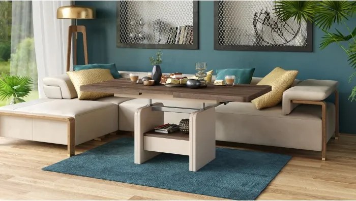 ЛЕКСУС Кафяв дъб/Бежов (Шампанско) - МОДЕРНА РАЗТЕГАТЕЛНА ХОЛНА МАСА С ПОВДИГАЩ МЕХАНИЗЪМ