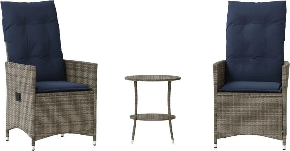 365656 vidaXL Бистро комплект от 3 части с възглавници, сив, полиратан