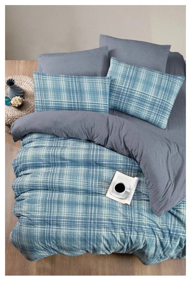 Синьо двойно удължено спално бельо с включен долен чаршаф 4 части 200x220 cm Ekose – Mila Home