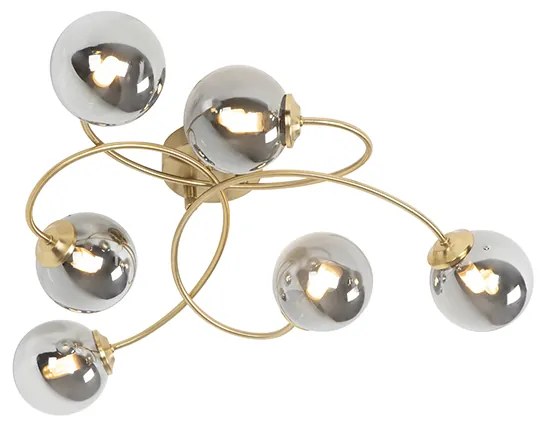 Модерна таванна лампа златиста 6-лампи с димно стъкло - Атина