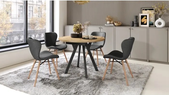 АЛМО Дъб Артисан/черни крака - КРЪГЛА РАЗТЕГАТЕЛНА МАСА С Y-ОБРАЗНИ КРАКА В ЛОФТ/ИНДУСТРИАЛЕН СТИЛ ЗА ХОЛ ИЛИ ТРАПЕЗАРИЯ