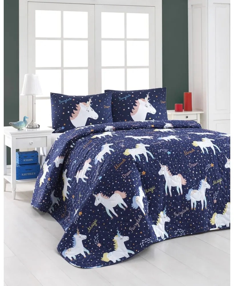 Комплект от ватирано шалте и 2 калъфки за възглавници Eponj Home Magic Unicorn Dark Blue, 200 x 220 cm - Mijolnir