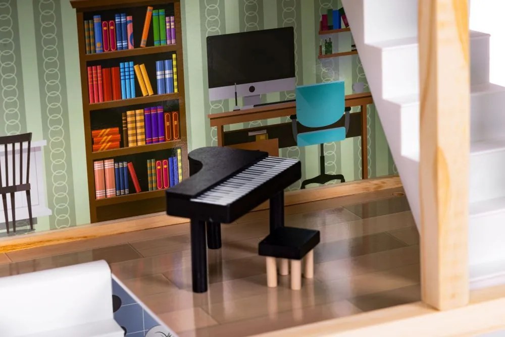 Многоетажна дървена къща за кукли с мебели