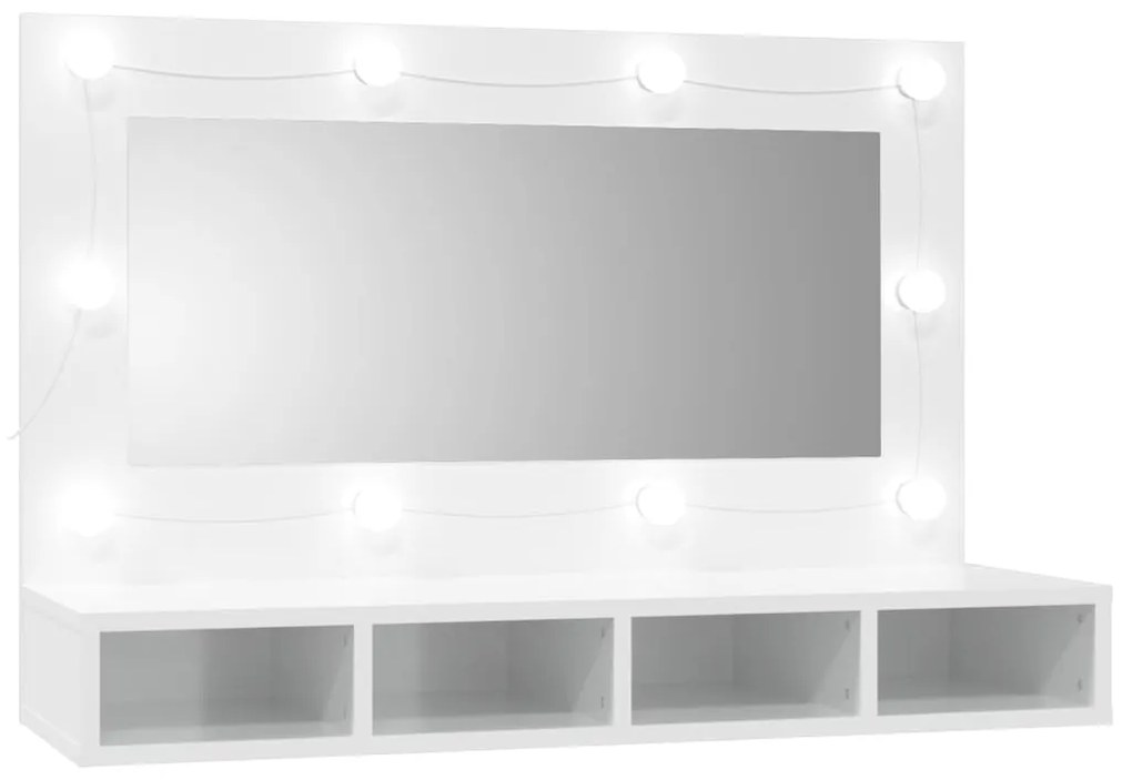 Огледален шкаф с LED, бял гланц, 90x31,5x62 см