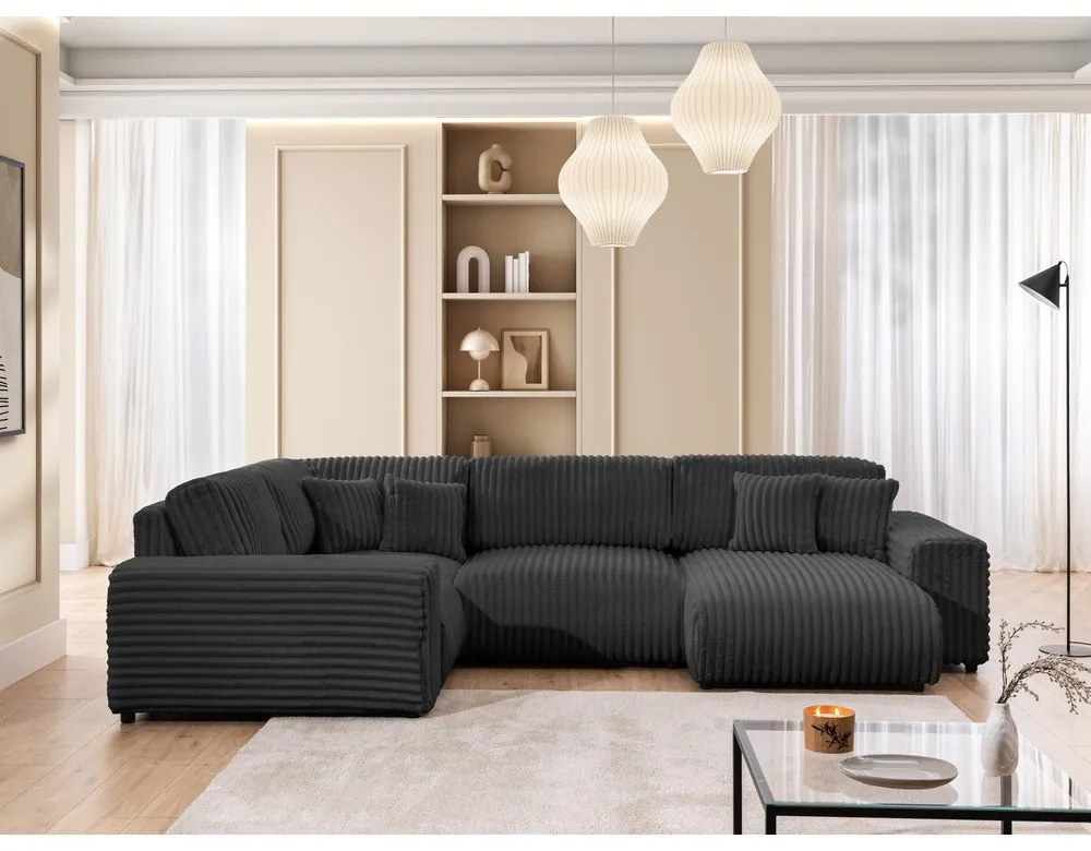 Тъмносив ъглов диван от рипсено кадифе (ляв ъгъл/U форма) Justin – Ropez