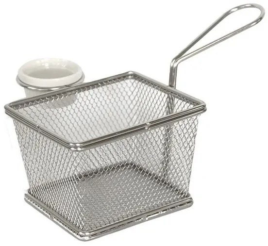 Horecano - Иноксова кошничка за сервиране правоъгълна с дръжка и рамекин 10х8х7,5см(HC-93818)