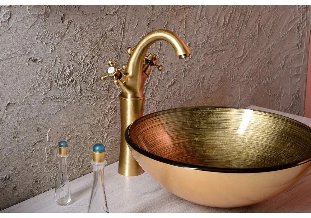 Стъклена кръгла мивка в златисто ø 42 cm Fianna – Sapho