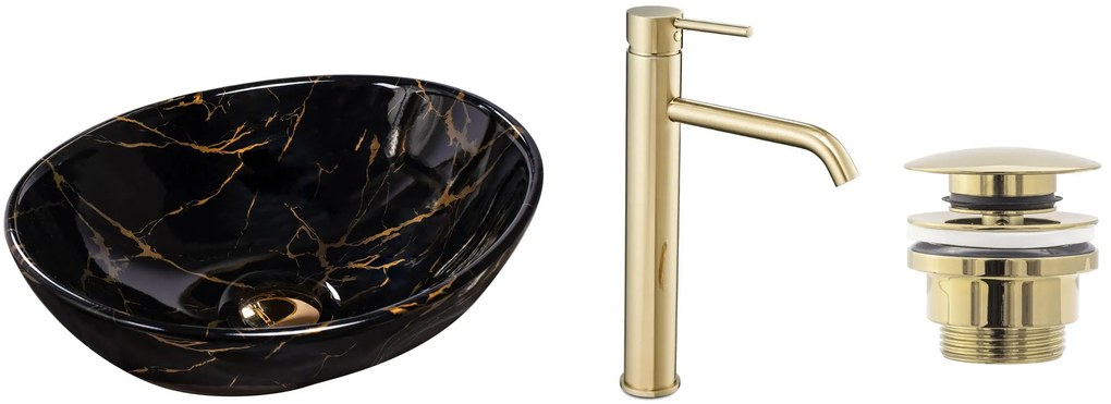 Комплект Умивалник за плот Sofia marble black + Смесител за баня Lungo gold + Изпускателен клапан gold