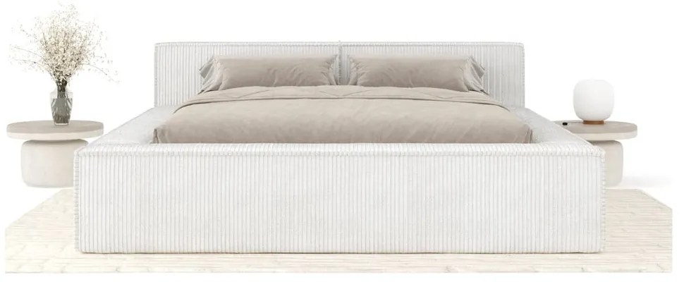 Кремаво двойно легло 200x200 cm тапицирано с място за съхранение с включена подматрачна рамка Voliera – Maison de Rêve