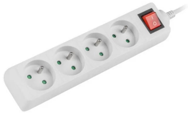 Разклонител LANBERG, 2.500W, 1.5 метра, 4 контакта, Защита от деца, Светлинен индикатор, ON/OFF бутон, Бял