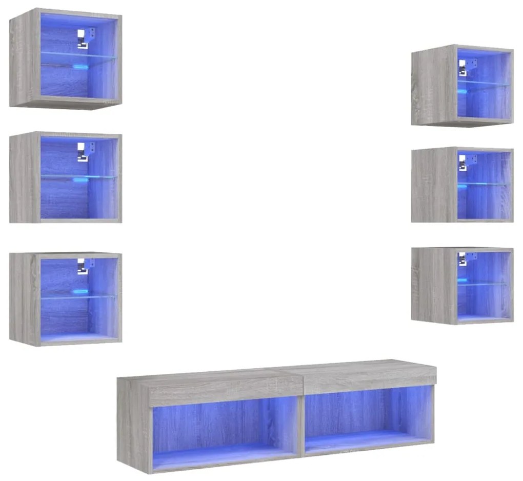 3216638 vidaXL ТВ стенни модули с LED, 8 части, сив сонома, инженерно дърво