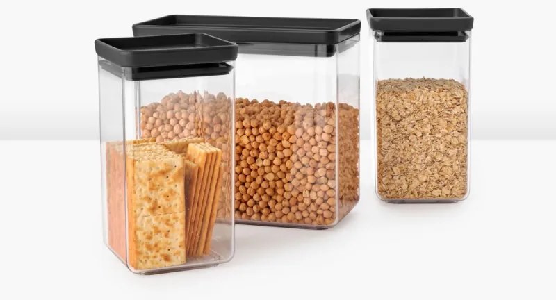 Кутии за съхранение Brabantia Tasty+ Stackable 1008879, 2x1.6л+1x3.5л, Без BPA, Плътно затваряне, Тъмносив