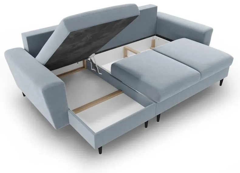 Светлосин кадифен разтегателен ъглов диван с място за съхранение Kyoto – Cosmopolitan Design