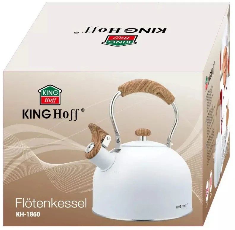 Свирещ чайник Kinghoff KH 1860, 2.5 л, Индукция, Дървена дръжка, Бял