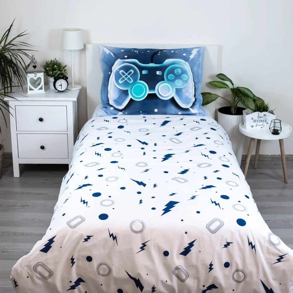 Единично памучно детско спално бельо в бял и син цвят 140x200 cm Game over – Jerry Fabrics