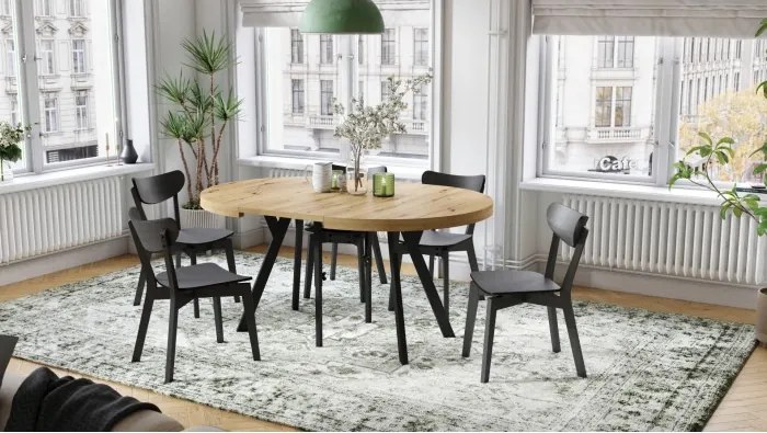 ЕКСПАНСО Дъб Артисан/черни крака - ГОЛЯМА КРЪГЛА МАСА Ø110 РАЗТЕГАТЕЛНА ДО 310 cm С КРАКА Y ЛОФТ/ИНДУСТРИАЛНА