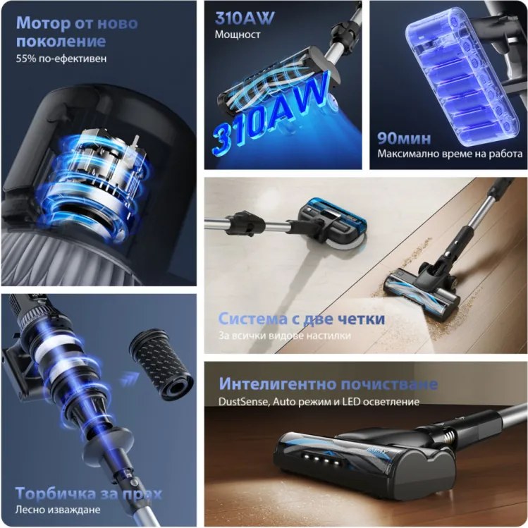 Вертикална прахосмукачка 3в1 JIMMY JV10 Pro Aqua, 800W, 0.6 л, 90 мин, Сухо/мокро + полиране, 4 режима, Сензор за прах, Авто регулиране на мощност, Бял/черен