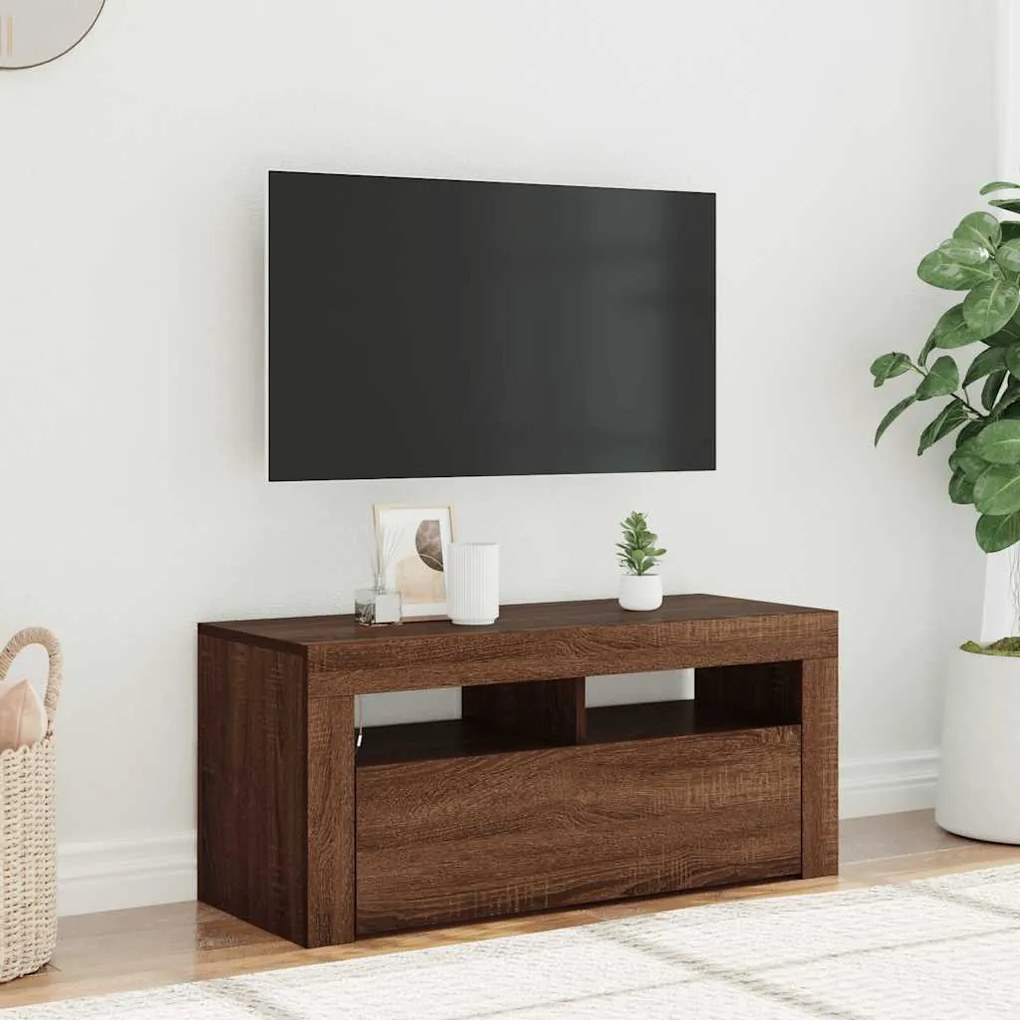 822723 vidaXL ТВ шкаф с LED осветление, кафяв дъб, 90x35x40 см