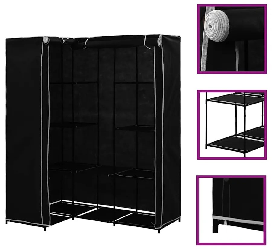 282449 vidaXL Ъглов гардероб, черен, 130x87x169 см