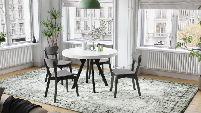 ЕКСПАНСО Бял мат/черни крака - ГОЛЯМА КРЪГЛА МАСА Ø110 РАЗТЕГАТЕЛНА ДО 310 cm С КРАКА Y ЛОФТ/ИНДУСТРИАЛНА