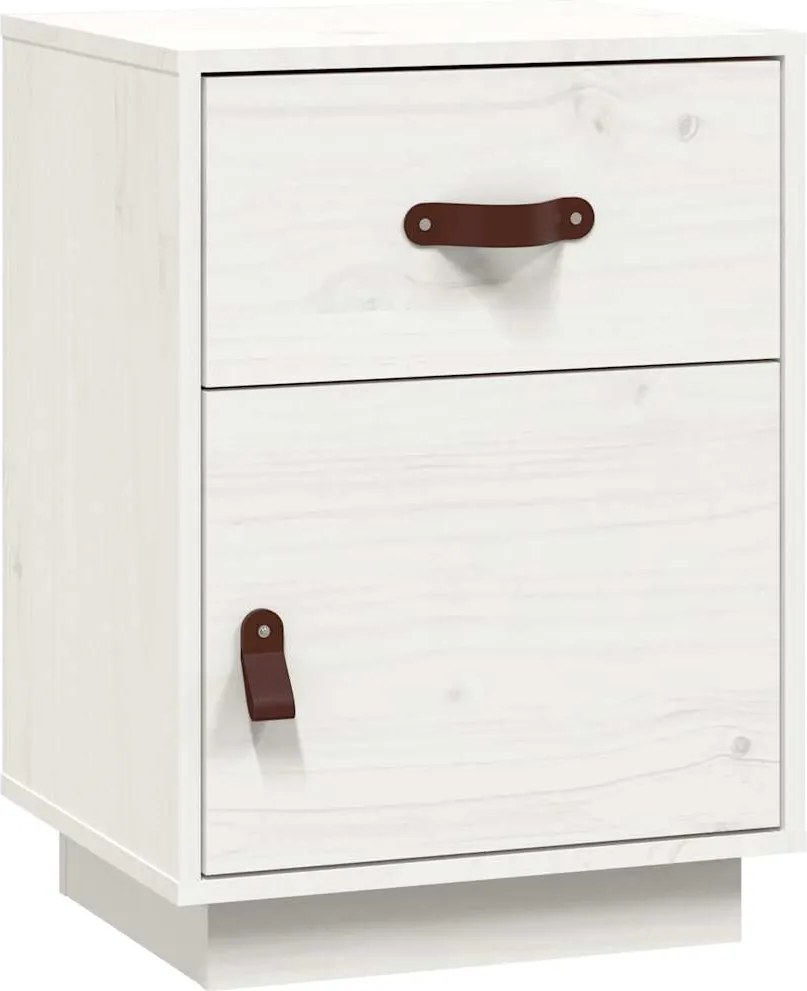 818307 vidaXL Нощно шкафче, бяло,40x34x55 см, борово дърво масив