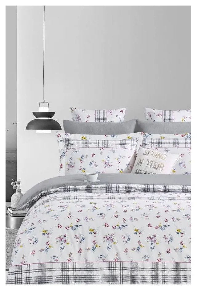 Бяло сиво двойно удължено спално бельо от памук Renforcé с включен долен чаршаф 4 части 200x220 cm – Mila Home