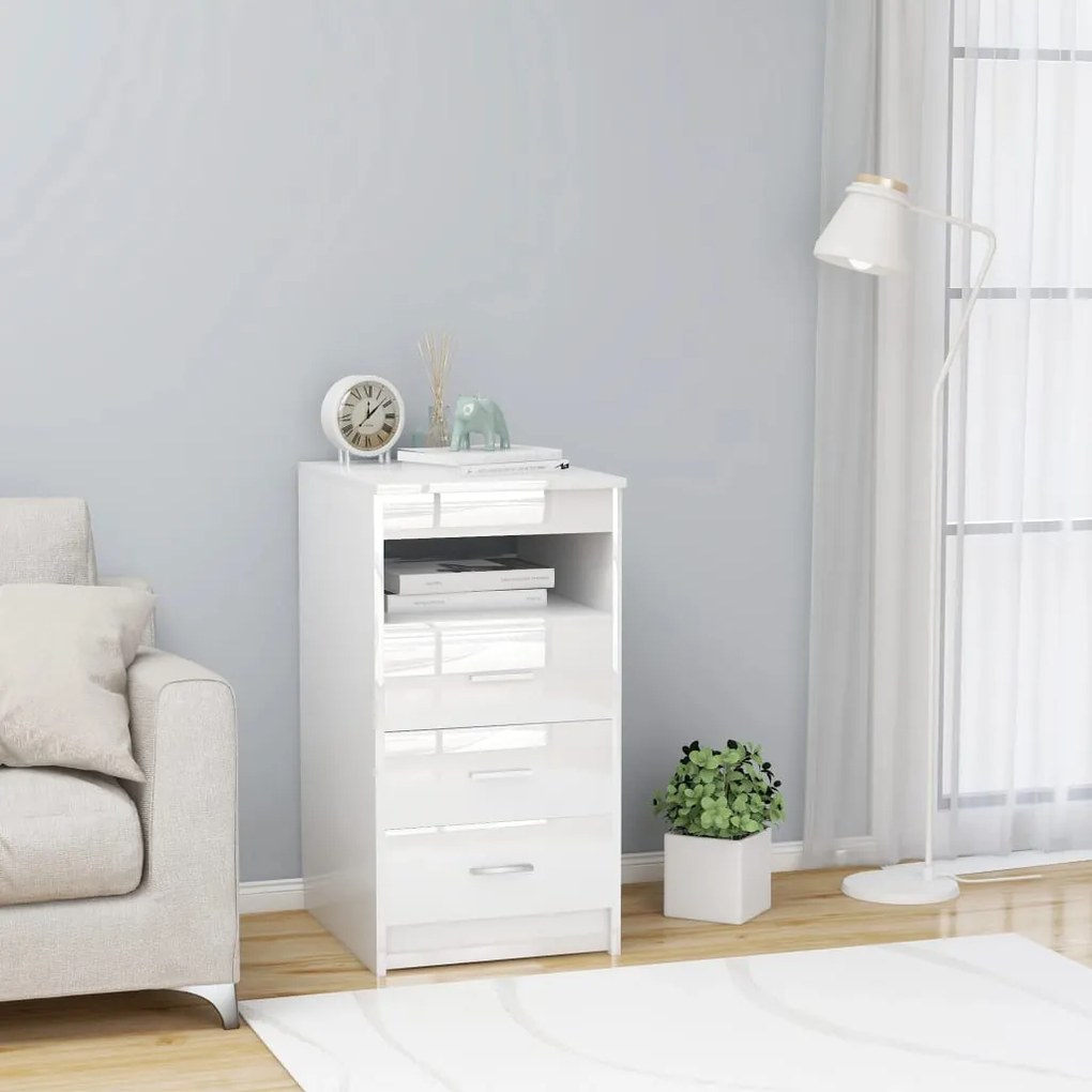 801811 vidaXL Шкаф с чекмеджета, бял гланц, 40x50x76 см, инженерна дървесина