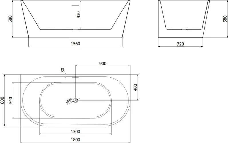 Mexen Oval свободностояща вана край стена 180 x 80 см, бяла, преливане черно
