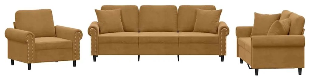 3202197 vidaXL Комплект дивани 3 части с възглавници, кафяв, кадифе
