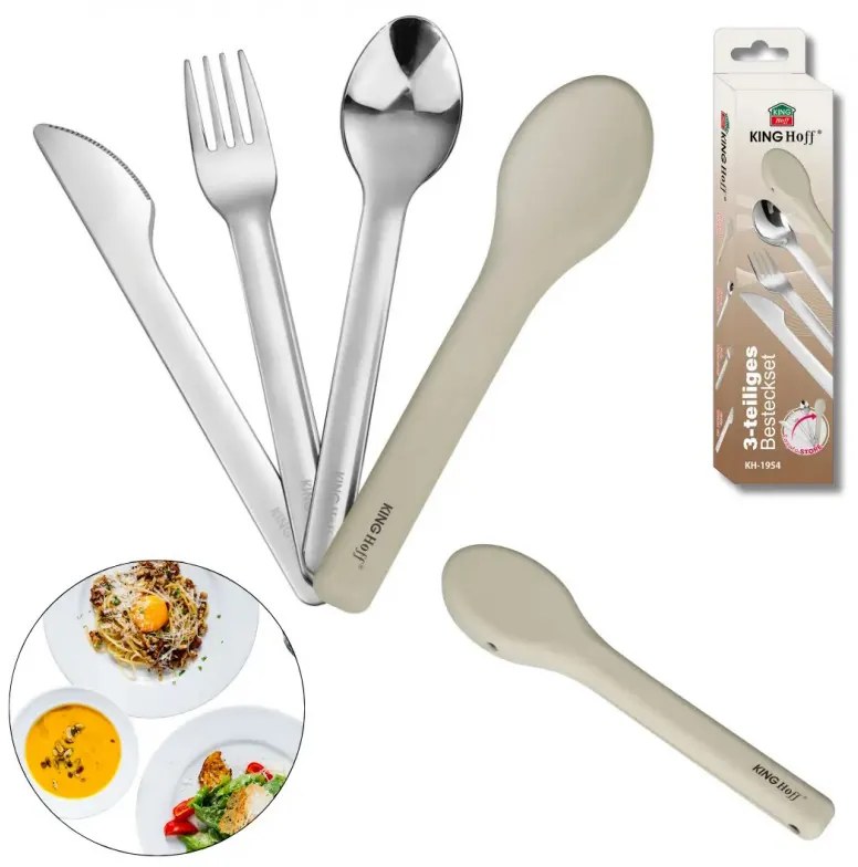 Комплект 3 бр прибори за хранене Kinghoff KH 1954, Силиконов калъф за съхранение, Неръждаема стомана, Сребрист